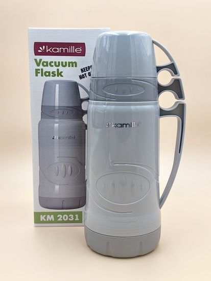 Термос 1 л. со стеклянной колбой Kamille KM 2031 пластиковый, 2 чашки