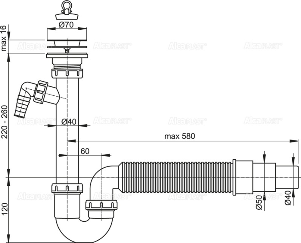 Сифон для мойки AlcaPlast A830-DN50/40