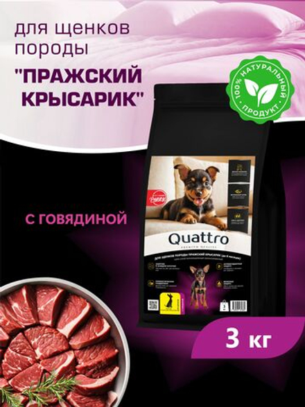 Корм сухой для щенков породы Пражский крысарик, с говядиной, 3 кг, QUATTRO