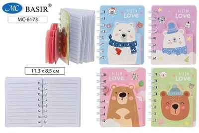 Блокнот 2в1 11,3*8,5см. 60л. линия "Мишка" двойная евроспираль, ассорти (Basir)