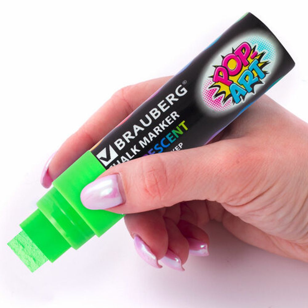Маркер меловой "POP-ART" ЗЕЛЕНЫЙ, 15 мм, сухостираемый, для гладких поверхностей, BRAUBERG, 151542