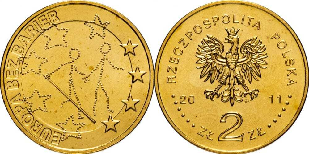 Польша 2 злотых, 2011 Европа без границ. 100 лет обществу защиты слепых aUNC