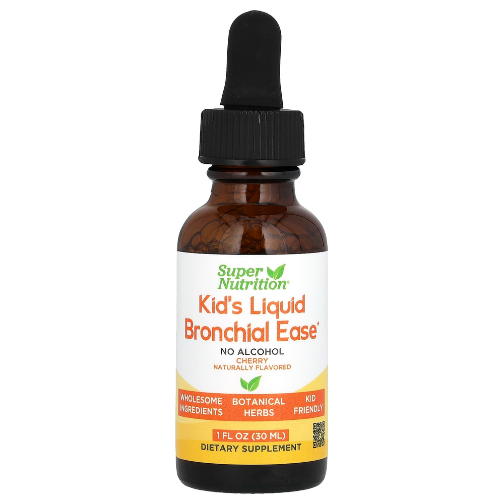 Super Nutrition, Bronchial Ease, детская жидкая добавка для здоровья бронхов, с корнем любистка, свежими листьями йерба санта, корнем солодки и листьями коровяка, без спирта, вишня, 30 мл (1 жидк. унция)