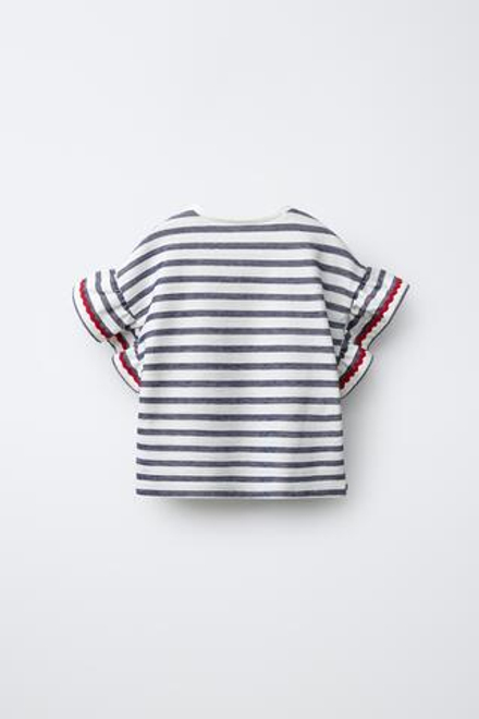 ZARA ФУТБОЛКА ИЗ ТКАНИ В ПОЛОСКУ С ВОЛАНОМ И ВОЛНИСТОЙ ОТДЕЛКОЙ, МОРСКОЙ СИНИЙ