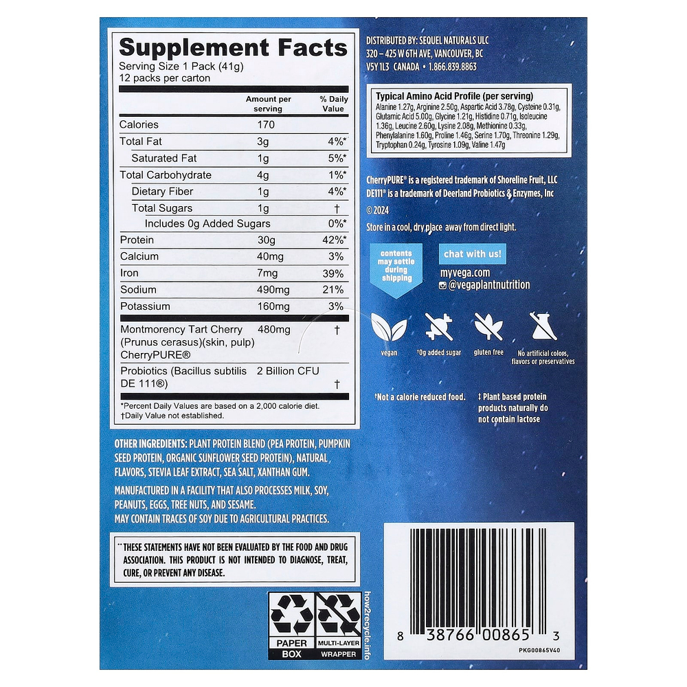 Vega, Растительный протеин, протеин для повышения эффективности и восстановления, кремовая ваниль, 12 пакетиков по 41 г (1,5 унции)
