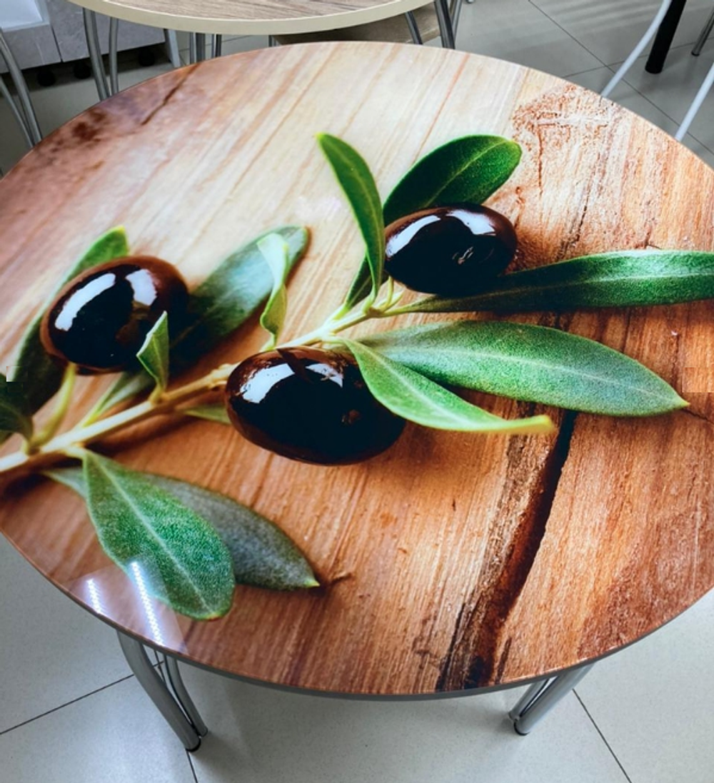 Стол неразд стеклянный Круг подстолье чайка хром оливковая ветвь