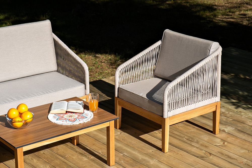 "Канны" кресло плетеное из роупа, основание дуб, роуп бежевый круглый, ткань бежевая 15052