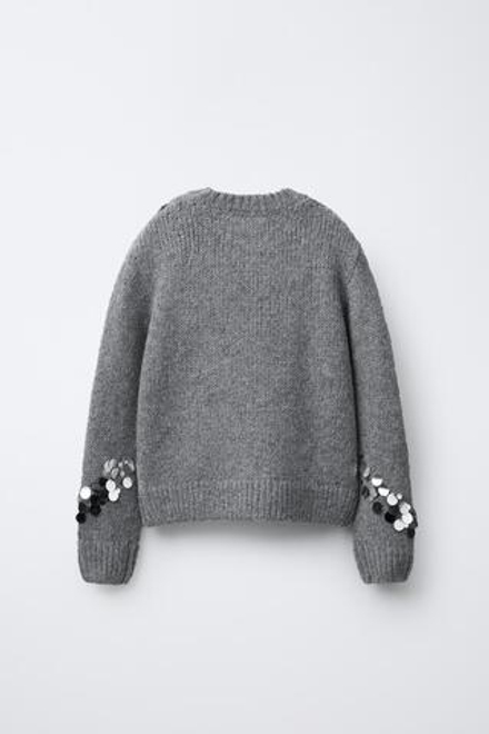 ZARA ТРИКОТАЖНЫЙ СВИТЕР С ПАЙЕТКАМИ, МЯГКИЙ СЕРЫЙ