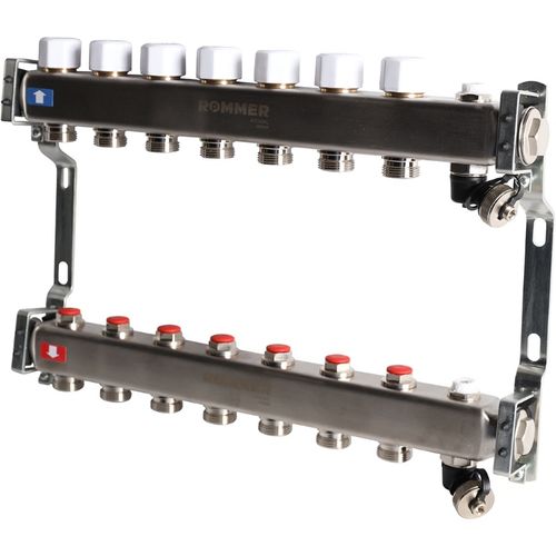 Коллектор Rommer 1"x3/4" на 7 контуров с запорными клапанами (нерж. сталь) RMS-3201-000007