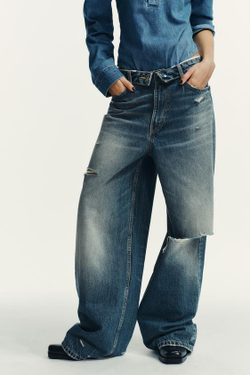 ZARA ДЖИНСЫ TRF СО СРЕДНЕЙ ПОСАДКОЙ И ОТВЕРНУТЫМ ПОЯСОМ, СИНИЙ