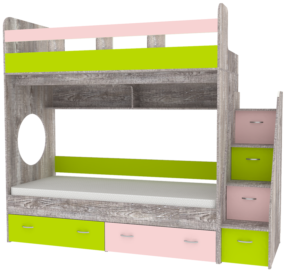 Двухъярусная кровать КарИВи Юниор 1 80х190 Бетон Розовый Лайм