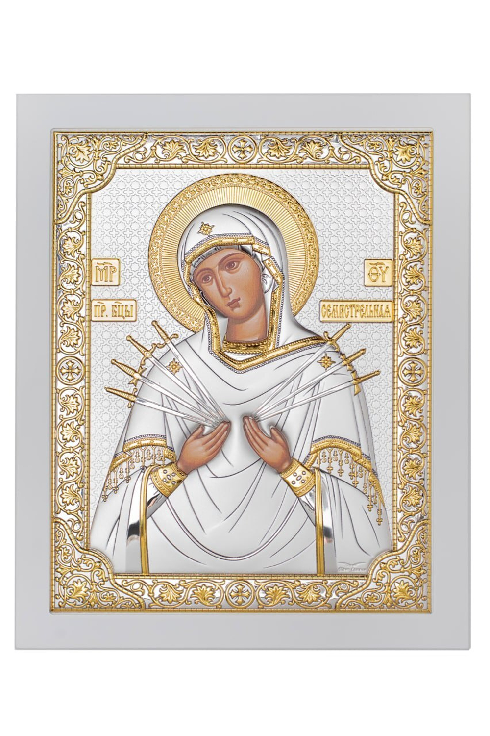 Семистрельная БМ, икона прямоугольная с рамкой, белое дерево 210х260