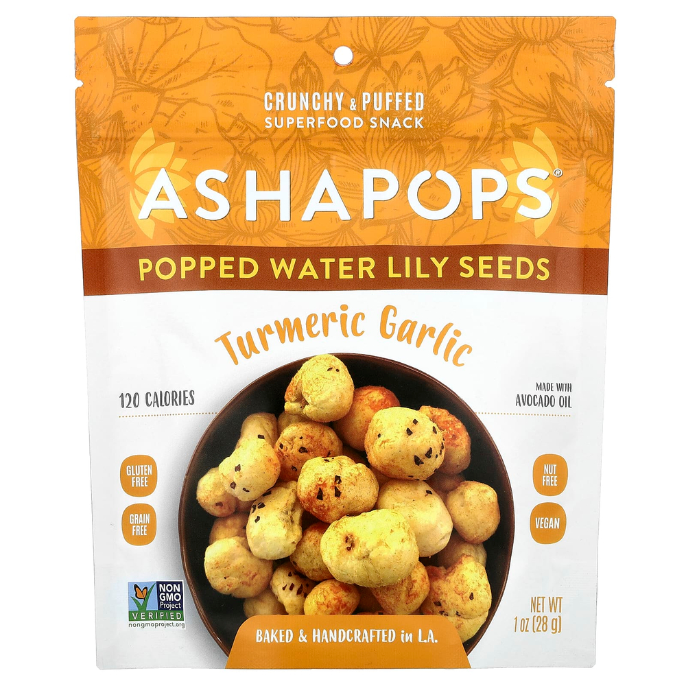 AshaPops, Popped Water Lily Seeds, куркума и чеснок, 28 г (1 унция)