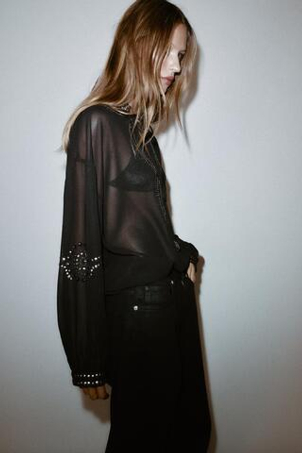 ZARA БЛУЗА ИЗ ПОЛУПРОЗРАЧНОЙ ТКАНИ С БУСИНАМИ, ЧЕРНЫЙ