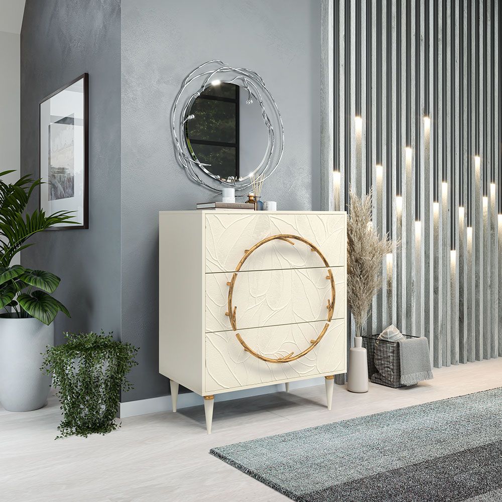 Комод Арт Колор leaves Классик Голд с 3 ящиками Кремовый белый