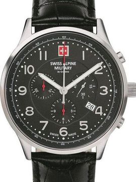 С ремешком Мужские наручные часы с черным кожаным ремешком  Swiss Alpine Military 7084.9537 Chronograph 43mm 10ATM
