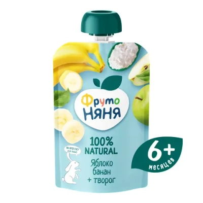 Фрутоняня пауч пюре яблоко с бананом и творогом 90г с 6 месяцев