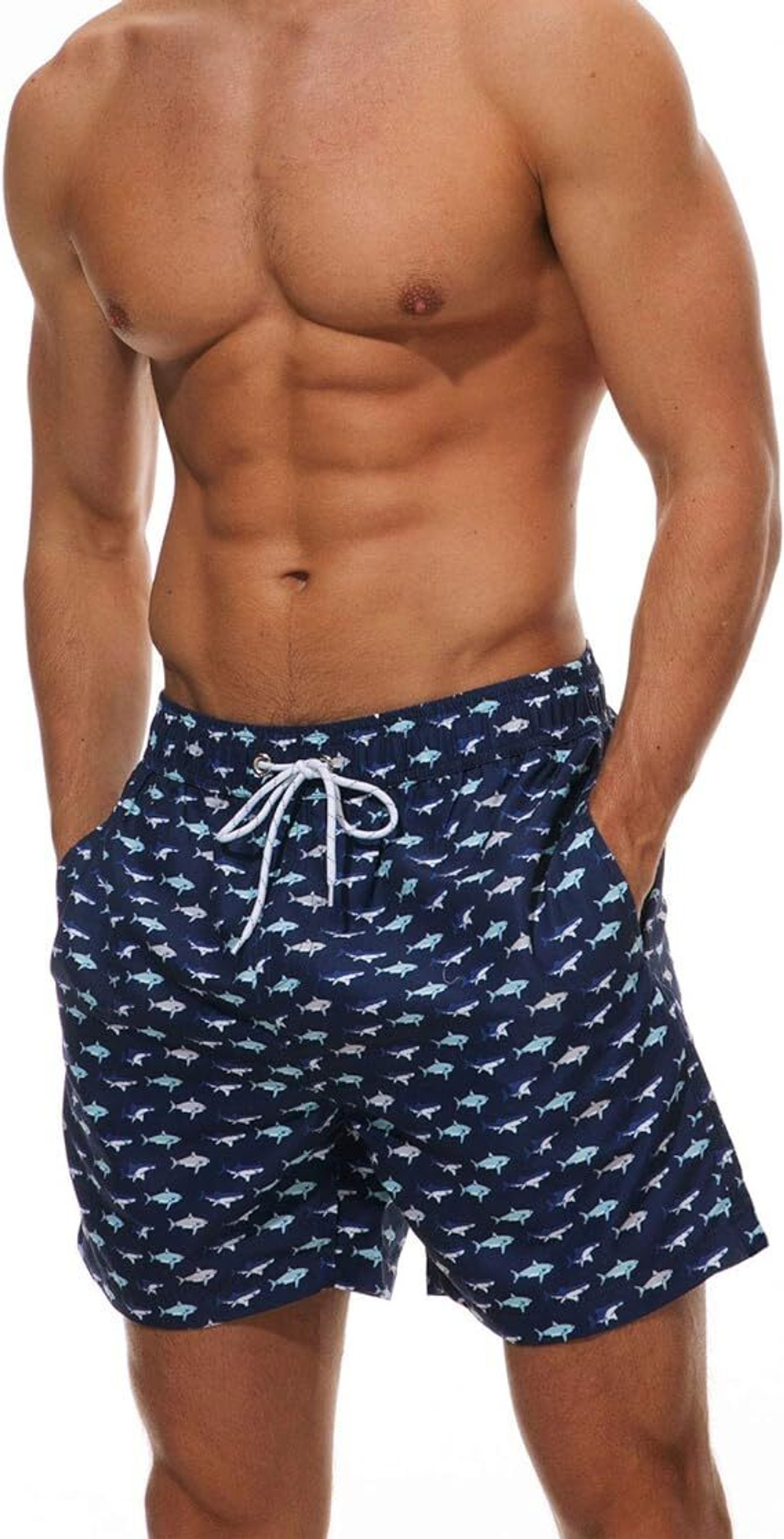Темно-синие пляжные шорты с акулами (Размер: M) (Цвет: темно-синий)