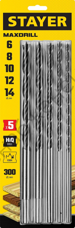 STAYER ″Maxdrill″ 5 шт., 6-8-10-12-14 х 300 мм, набор сверл спиральных по дереву