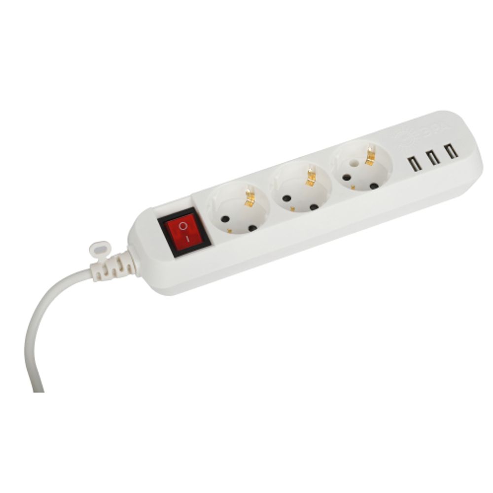 Удлинитель электрический ЭРА U-3es-1,5m-USB c заземлением с выключателем 3 розетки + 3xUSBA 1,5м 10А | Бытовые удлинители