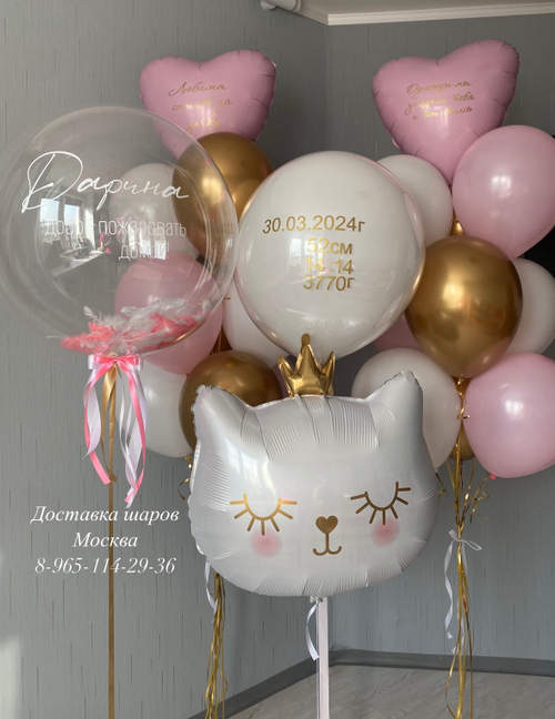 Фонтаны с сердечками, кошечка с короной, большой стеклянный шар с метрикой, прозрачный шар баблс с перьями и любой надписью