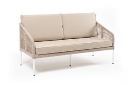 "Канны" диван 2-местный плетеный из роупа, каркас алюминий белый муар, роуп бежевый круглый, ткань бежевая 15052