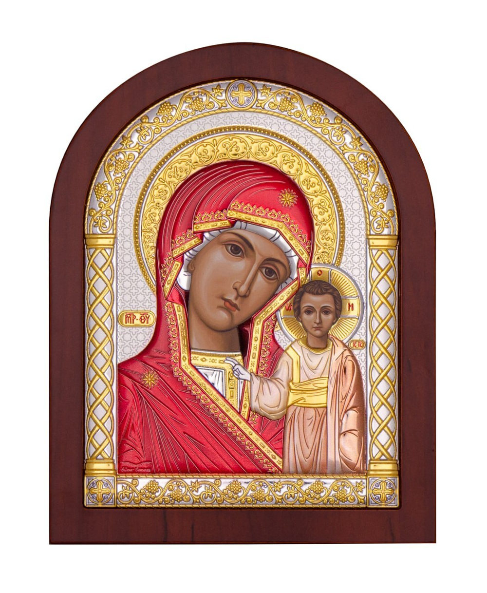 Казанская БМ, икона арочная, красное дерево, эмаль 175х225