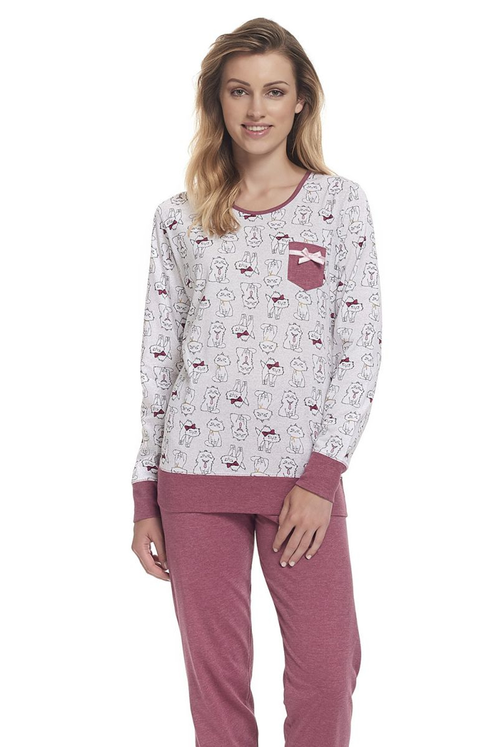 Озорная пижама с принтом в виде кошек (Размер: M) (Цвет: светло-бордовый)