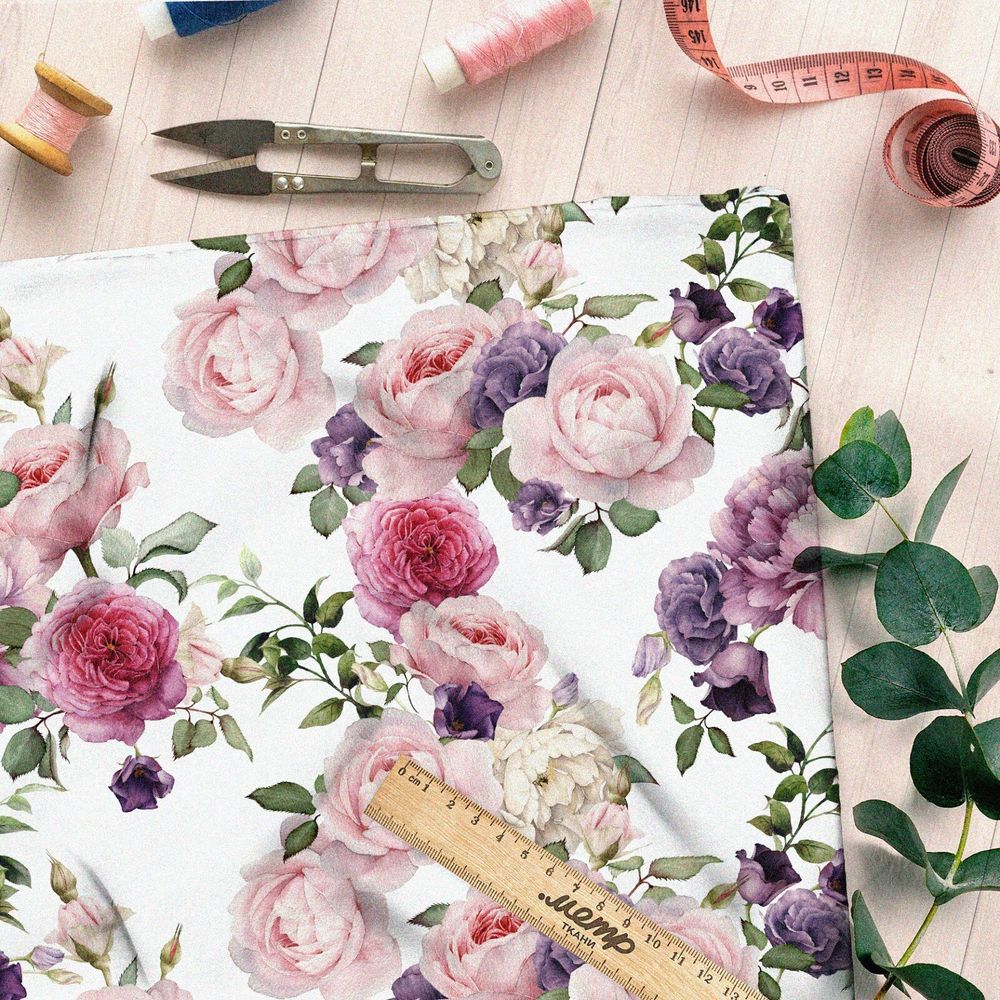 Ткань интерлок розово-фиолетовые пионы