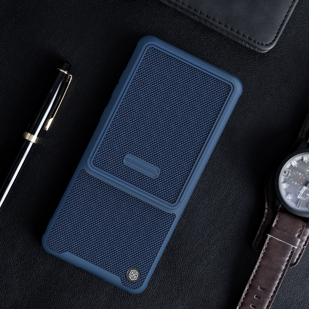 Чехол с вставками из нейлонового волокна синего цвета от Nillkin для Huawei Mate 50 Pro, серия Textured Case S, полуавтоматическая сдвижная крышка