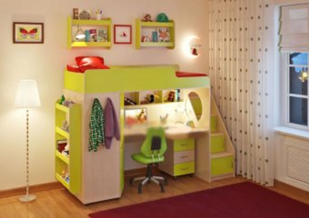 Кровать-чердак КарИВи Легенда 4.3 с полками 80х190  Дуб Молочный Лайм