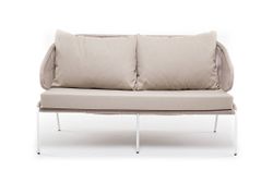 "Милан" диван 2-местный плетеный из роупа, каркас алюминий белый муар, роуп бежевый круглый, ткань бежевая 035