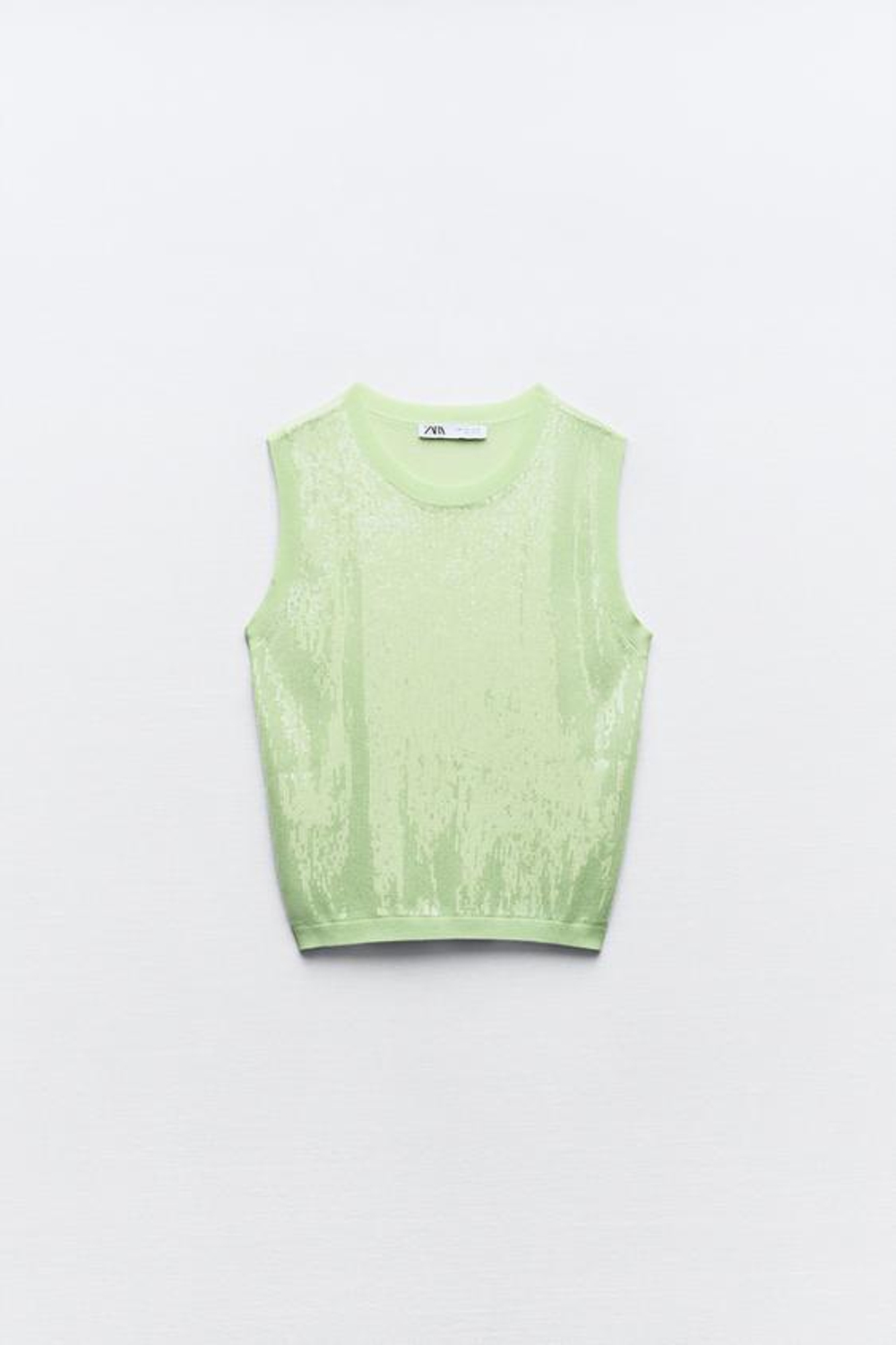 ZARA ТРИКОТАЖНЫЙ ТОП С ПАЙЕТКАМИ БЕЗ РУКАВОВ, СВЕТЛО-ЗЕЛЕНЫЙ