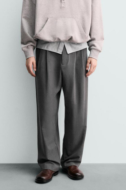 ZARA БРЮКИ WIDE FIT СО СКЛАДКАМИ, СЕРЫЙ
