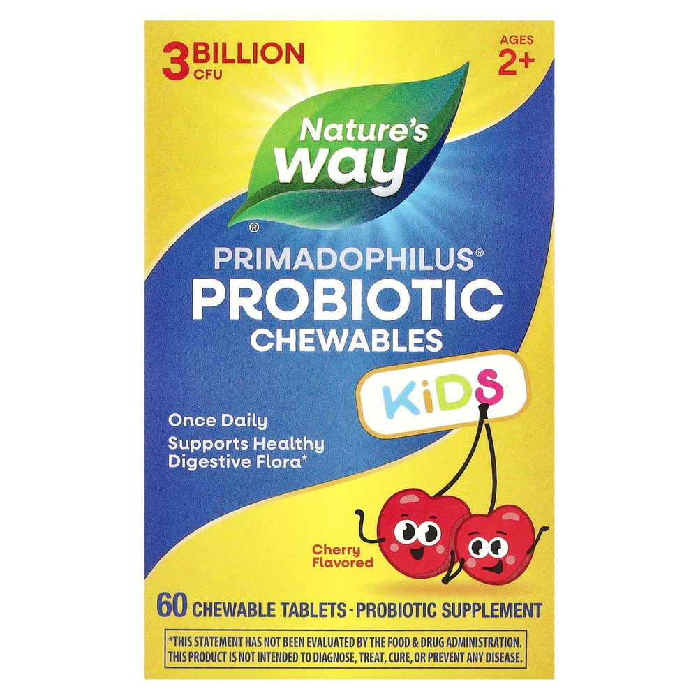 Nature's Way, Primadophilus®, жевательные пробиотики для детей от 2 лет, со вкусом вишни, 3 млрд КОЕ, 60 жевательных таблеток
