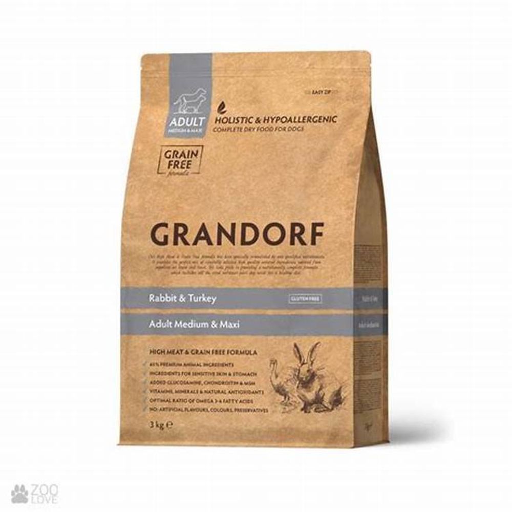 Grandorf 1кг Rabbit &amp; Turkey Medium &amp; Maxi Holistic Grain Free для собак средних и крупных пород, беззерновой, кролик с индейкой