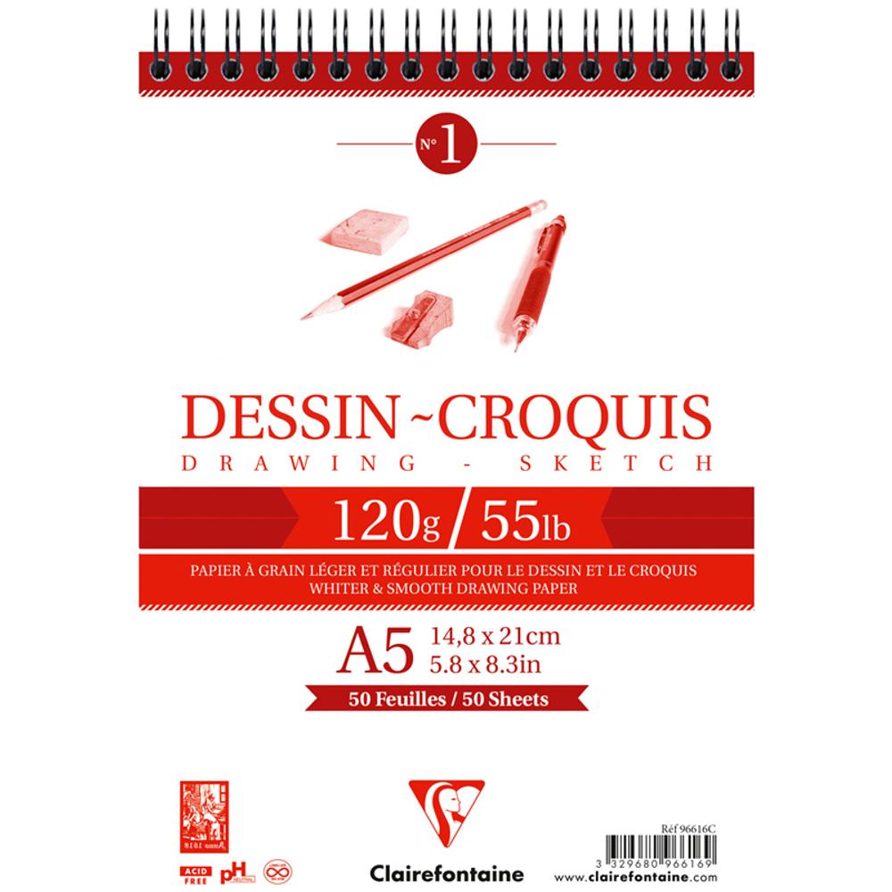 Скетчбук 50л. А5 на гребне Clairefontaine "Dessin croquis", 120г/м2