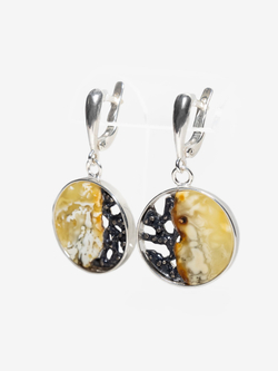 Уникальный серебряный комплект с цельным пейзажным янтарем, серебро 925 пробы