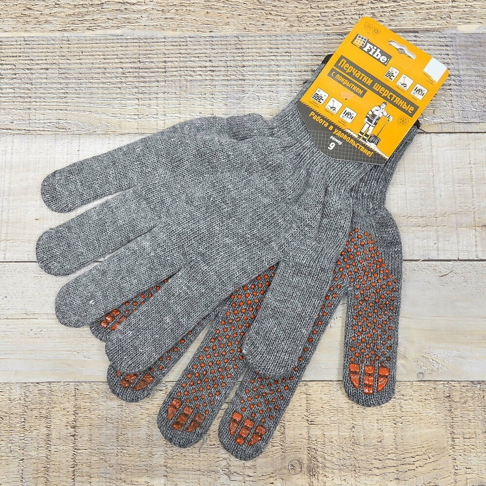 Перчатки вязанные шерстяные (70% шерсть+30% акрил с начесом) с точкой, 10 класс, серые, р.L, Fiberon