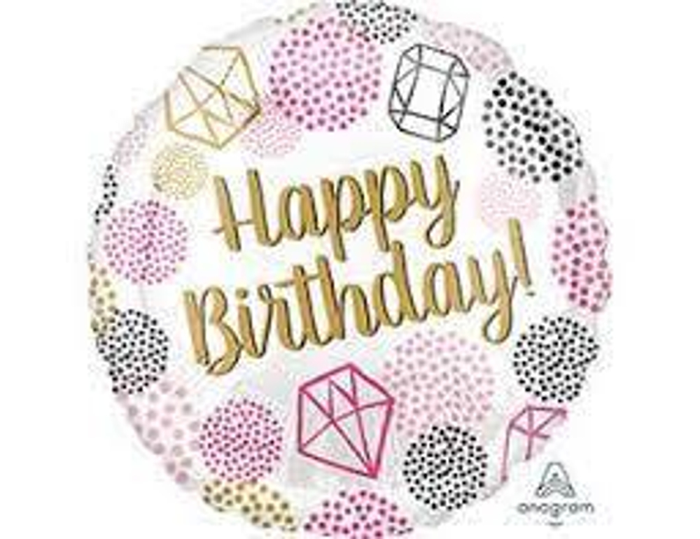 А Шар круг Happy Birthday - драгоценные камни 40 см (надутый гелием)