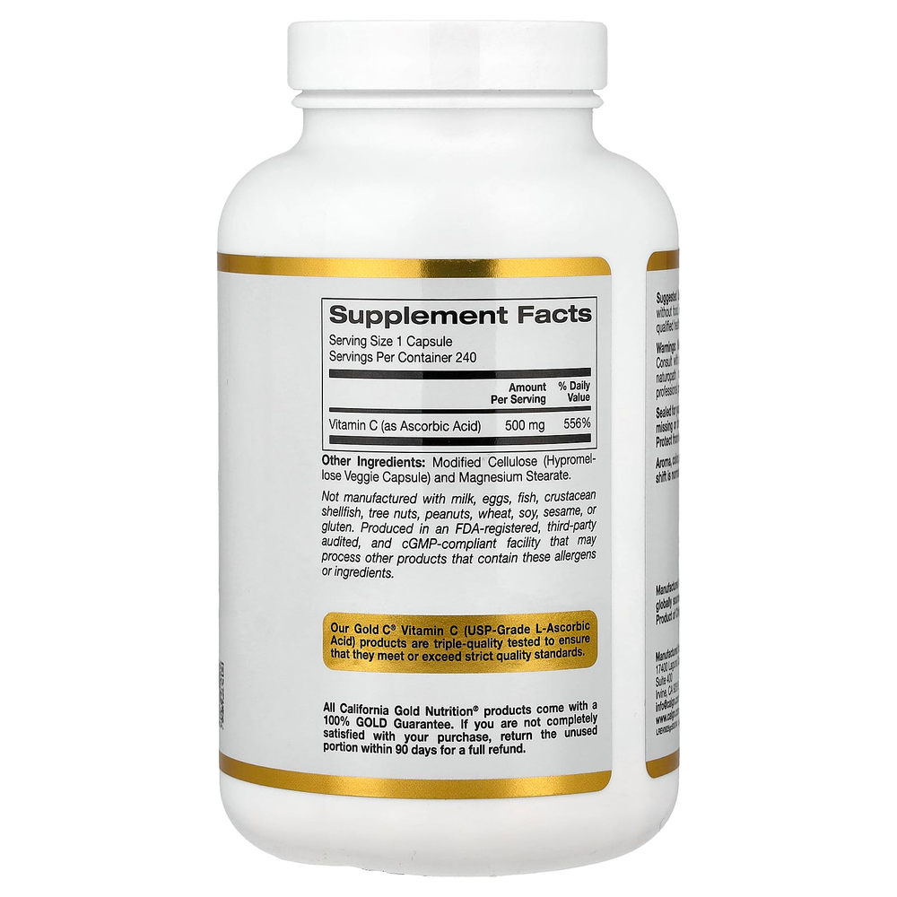 California Gold Nutrition, Gold C®, витамин C класса USP, 500 мг, 240 вегетарианских капсул
