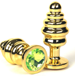 Золотистая ребристая анальная пробка с лаймовым кристаллом - 8,5 см. (Цвет: лаймовый)