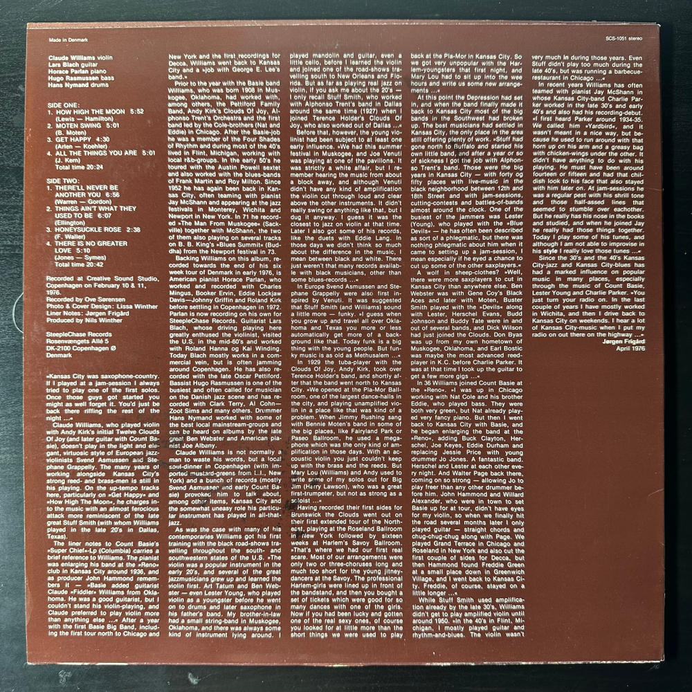 Claude Williams Quintet ‎– Call For The Fiddler (Дания 1976г.)