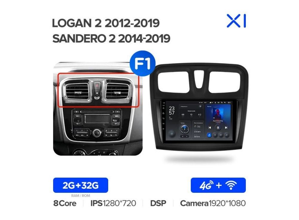 Магнитола Teyes X1 2-32 Wi-Fi + 4G Renault Logan 2 2012 — 2019/ Sandero 2 2014 — 2019 9.0&quot; (F1)