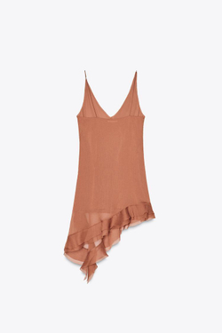 ZARA ПЛАТЬЕ АСИММЕТРИЧНОГО КРОЯ С ВОЛАНАМИ, СВЕТЛО-КОРИЧНЕВЫЙ