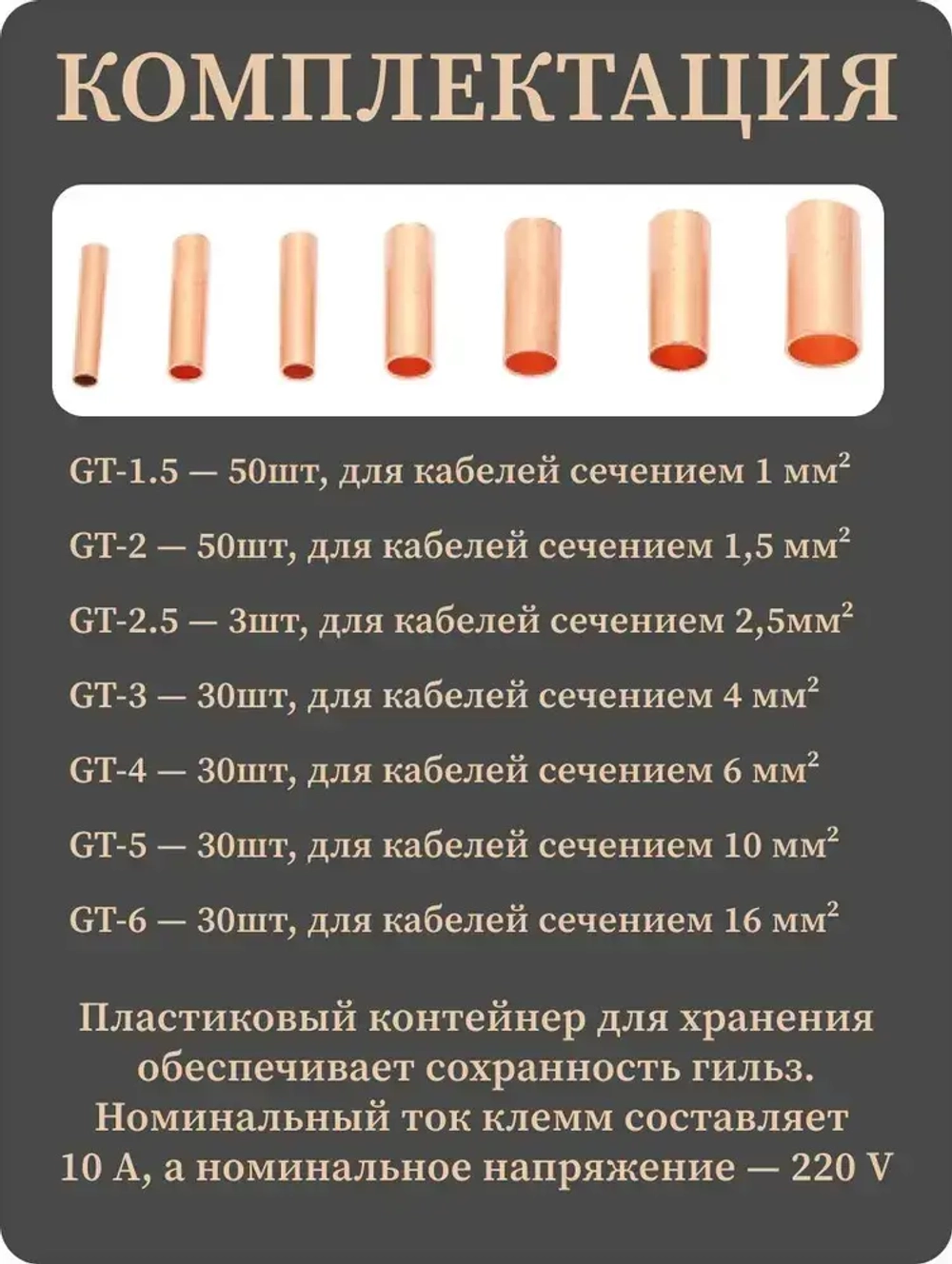 Гильзы обжимные медные, электромонтажные. Для соединения, опрессовки проводов 250 штук. Комплект в кейсе.