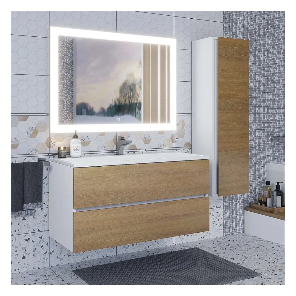 Тумба с раковиной Uperwood Barsa 100 см, раковина белая, подвесная тумба белая/дуб сонома