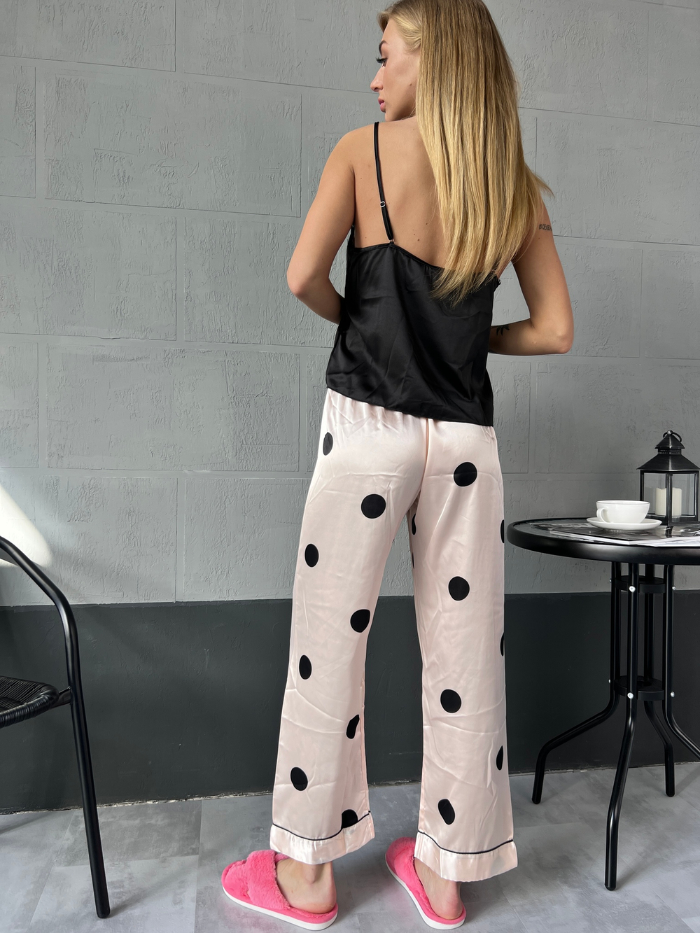 Пижама атласная тройка черно-персиковая (майка+брюки+шорты)