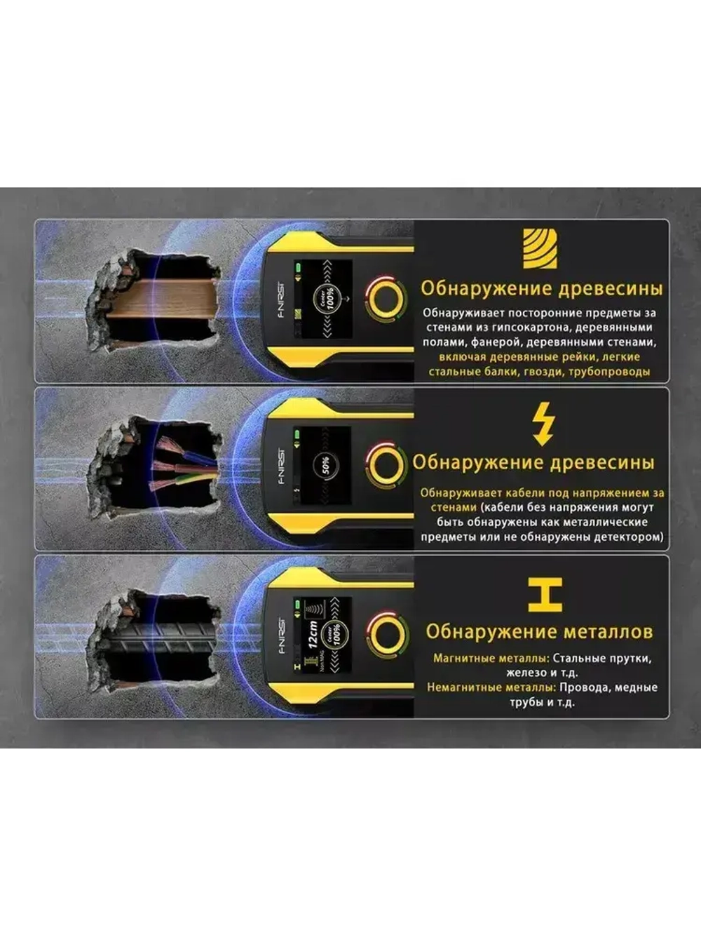 Скрытая проводка и металлодетектор FNIRSI WD-02,Портативный цифровой индикатор проводки,Локатор ,Высокоточная несущая стена трубы, поддержка переключения Русский-черный