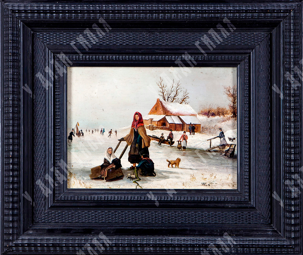 По картине Анри ван Себена (1825–1913) «На коньках по замершему каналу». Масло. XIX в.